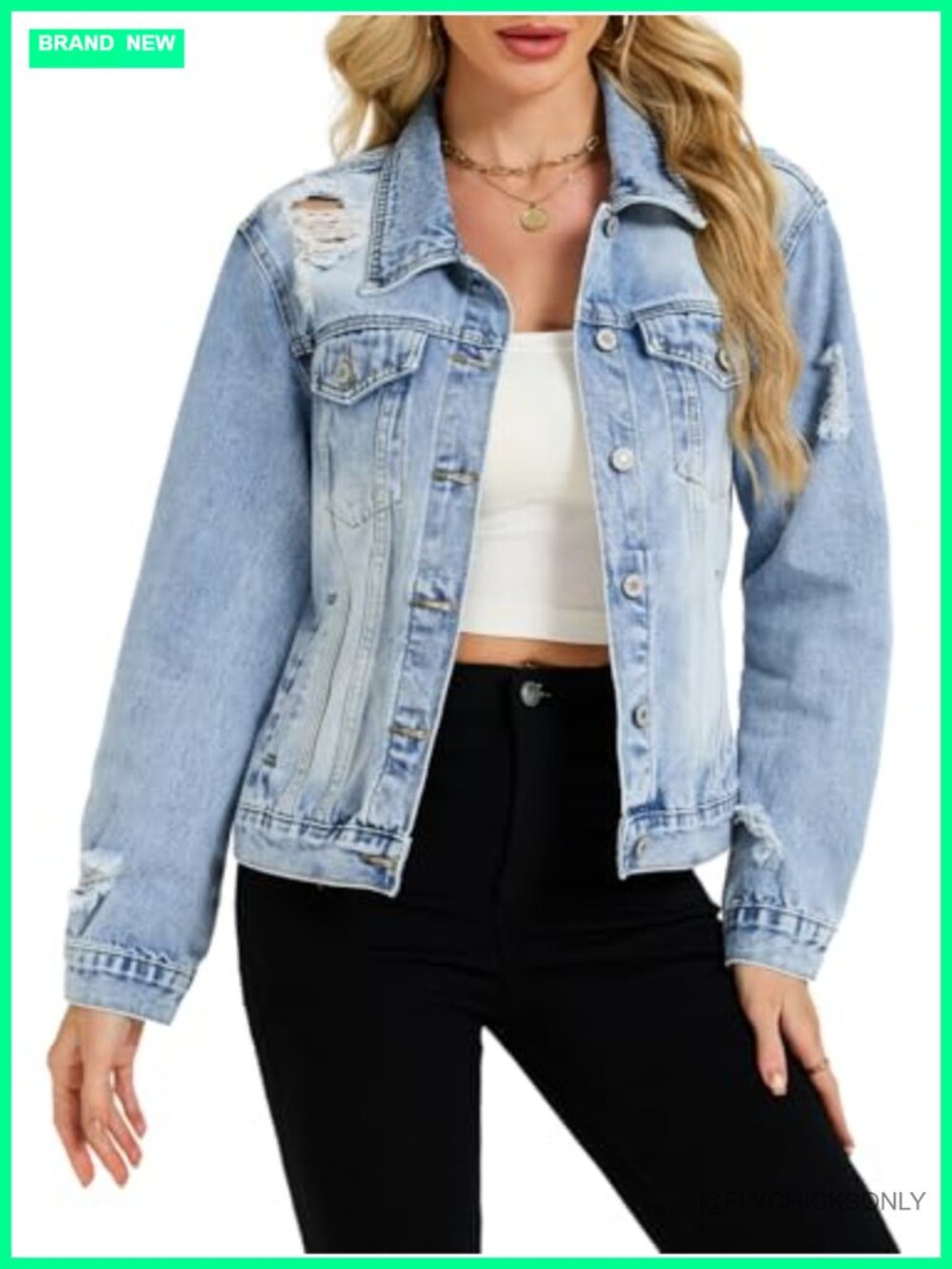 Fitted Distressed Denim Jacket Button Down Long Sleeve Women's Jean Coat